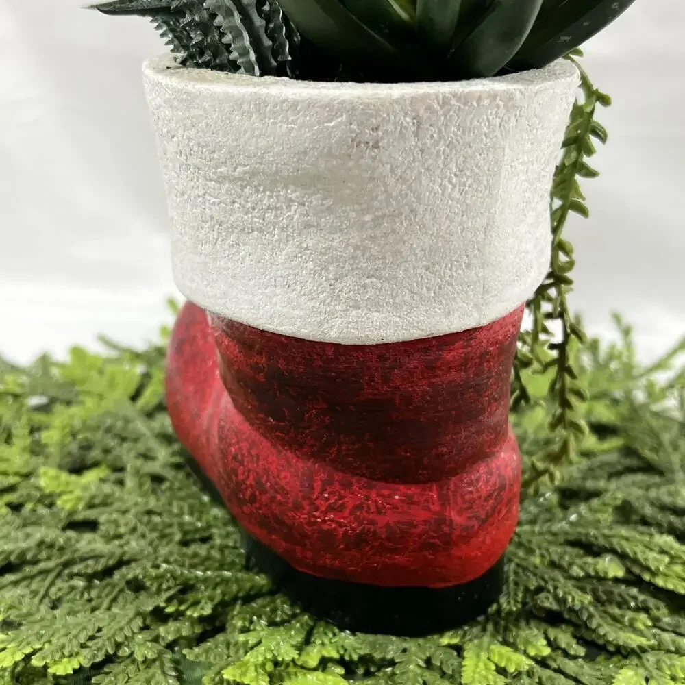 Vintage Ceramic Red Santa Boot Planter w/ Faux Plastic Succulents Plants